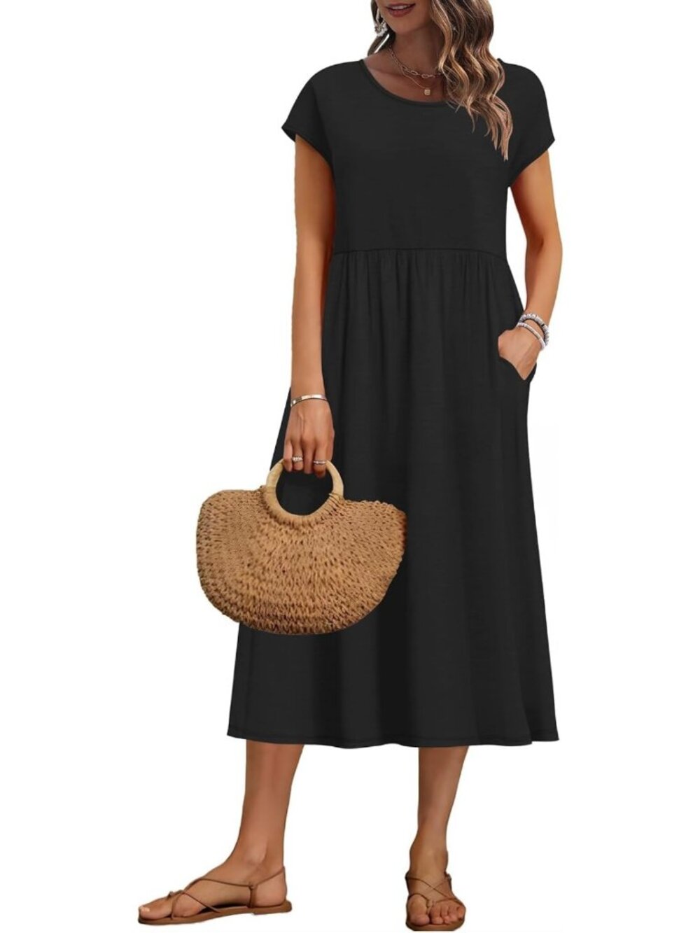 Summer Midi Dress for Women | Short Sleeve, Loose Fit, Pockets, Casual Style
